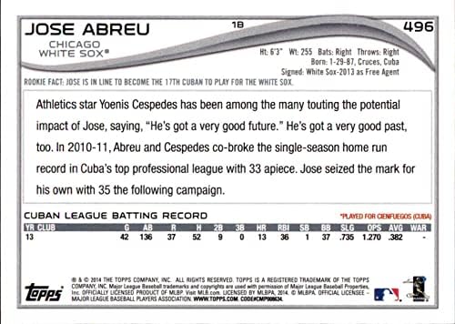 2014 Topps 496 Jose Abreu White Sox RC MLB Baseball Kártya (RC - Újonc Kártya) NM-MT